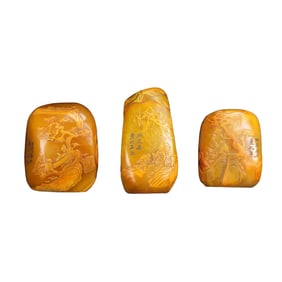 A Set Chinese Tianhuang Stone Low Relief Pine Tree & Figure Seal