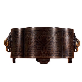 Vintage Chinese Copper Inlay Silver Wires Double Ear Fortune Beast Incense Burner