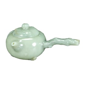 Superb Chinese Hetian Jade Carved Long Handle Pot