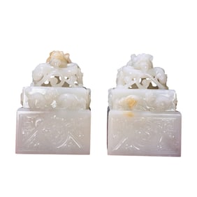 A Pair Superb Chinese White Hetian Jade Carved Chi Dragon Seals