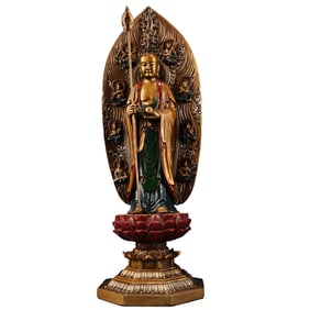 Old Tibetan Colored Drawing Gilt Gold Copper Ksitigarbha Statue