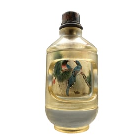 Old Chinese Peking Glass Inside Painting Bird Design Turn Heart Snuff Bottle w Stopper