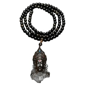Vintage Chenxiang Wood Carved Kwan-yin Pendant w Hand Woven Beads Necklace