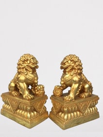 A Pair Vintage Chinese Gilt Gold Copper Fortune Lion Seals