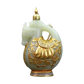 Superb Chinese Inlaying Gold Edge Hetian Jade Carved Horse Pot