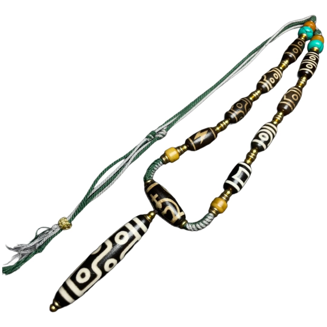 Old Tibetan DZI Agate Lucky Pendant w Hand Woven Necklace w Lacquerware Box (1 of 10)