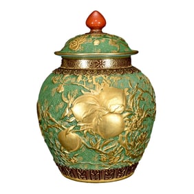 Chinese Qing Dynasty Gilt Gold Green Glaze Low Relief Peach Design Porcelain Pot