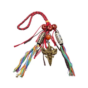 Old Tibetan 9 Eye DZI Agate Lucky Pendant w Hand Woven Necklace