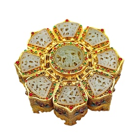 Exquisite Chinese Gold Wires Enamel Inlay Hetian Jade & Gems Jewellery Box