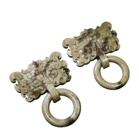 A Pair Superb Vintage Chinese Hetian Jade Carved Beast Face Knocker