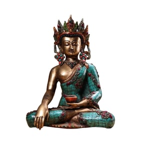 Old Tibetan Gilt Gold Copper Inlay Shell & Turquoise & Gems Buddha Statue