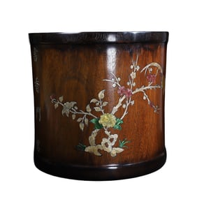 Chinese Huali Wood Inlay Shell Plum Flower & Magpie Brush Pot