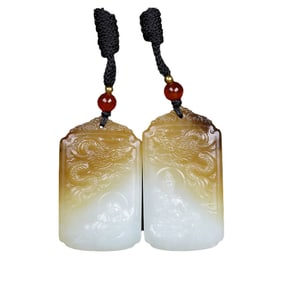 A Pair Chinese Hetian Jade Low Relief Dragon & Kwan-yin & Laughing Buddha Pendant