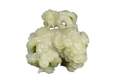 Superb Chinese Hetian Jade Carved Fortune Lion Statue