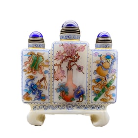 Old Chinese Famille Rose Peking Glass Flowers Design Conjoined Snuff Bottle w Stopper