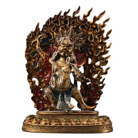 Old Tibetan Colored Drawing Gilt Gold Copper Vajrapani Statue