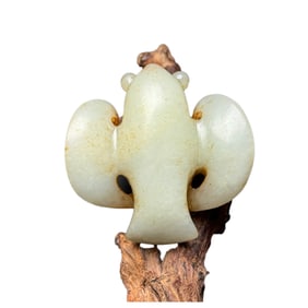 Vintage Chinese Hetian Jade Inlay Gems Carved Bird Pendant