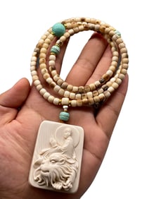 Vintage Bone Carved Buddha Pendant w Hand Woven Beads Necklace