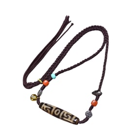 Old Tibetan 3 Eye DZI Agate Lucky Pendant w Hand Woven Necklace
