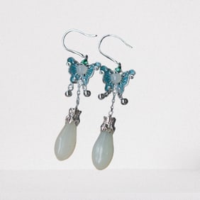 A Pair Beautiful 925 Silver Inlay Hetian Jade Earring