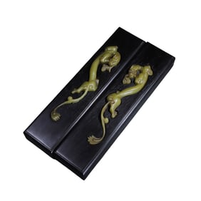 A Pair Vintage Chinese Zitan Wood Inlay Jade Paperweight