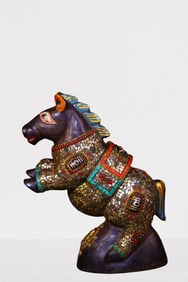 Vintage Meteorite Inlay DZI Agate & Shell Carved Fortune Horse Statue