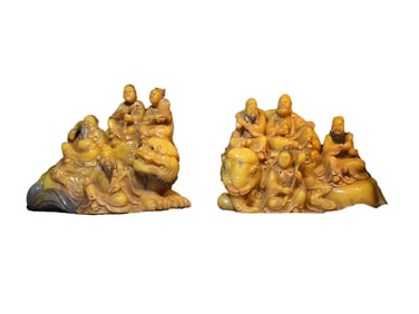 A Pair Superb Vintage Chinese Tianhuang Stone Carved Eight Taoism Deity Statues