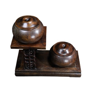 A Pair Vintage Chinese Huali Wood Weiqi Pot w Huali Wood Base