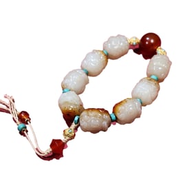 Hand Woven Chinese Hetian Jade Carved Fortune Lion Beads Bracelet