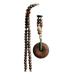Old Chinese Chenxiang Wood Carved Lucky Pendant w Hand Woven Beads Necklace