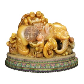 Superb Vintage Chinese Tianhuang Stone Carved Elephant & Kids Seal