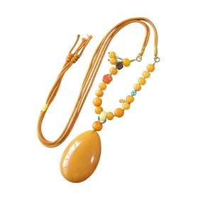 Beautiful Beeswax Carved Lucky Pendant w Hand Woven Beads Necklace