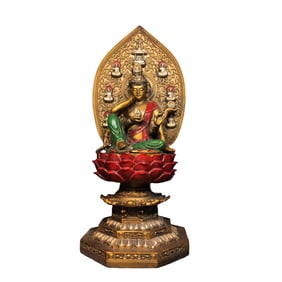 Old Tibetan Colored Drawing Gilt Gold Copper Buddha Statue