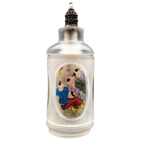 Old Chinese Peking Glass Inside Painting Kids Design Turn Heart Snuff Bottle w Stopper