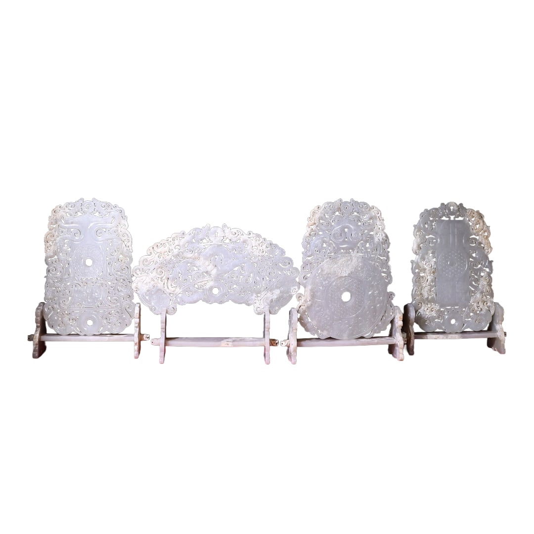 A Set Superb Chinese White Hetian Jade Carved Dragon Phoenix Jade Bi Statue