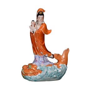 Chinese Iron Red Glaze Famille Rose Kwan-yin & Kid Porcelain Statue