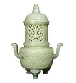 Superb Chinese Hetian Jade 3 Legs Double Ear Incense Burner