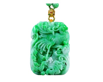 Exquisite Jadeite Carved Phoenix Pendant w Hand Carved Jadeite Beads Necklace