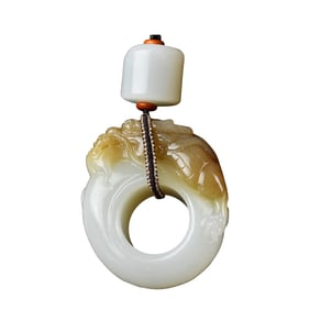 Chinese Hetian Jade Carved Fortune Dragon Thumb Ring Pendant