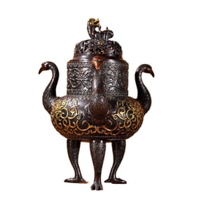 Vintage Chinese Gilt Gold Copper 3 Legs Crane Incense Burner