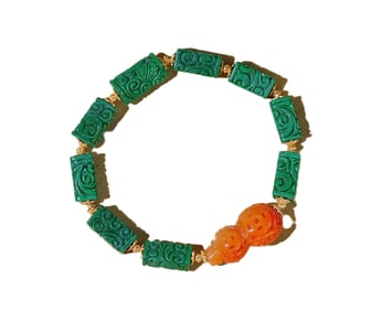 Exquisite Green Jadeite & Red Jadeite Carved Gourd Beads Bracelet