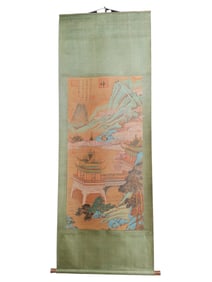Chinese Watercolour On Silk Mountain River Scene Design Painting