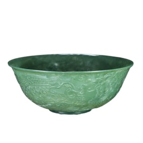 Chinese Green Hetian Jade Low Relief Fortune Dragon Bowl