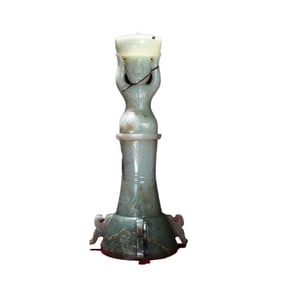 Superb Vintage Chinese Hetian Jade Carved Figure Candlestick