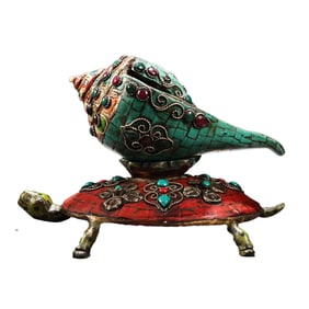 Tibetan Gilt Gold Copper Inlay Turquoise & Gems Conch Statue w Long Life Turtle Base