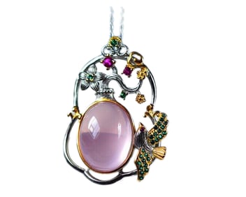 Beautiful 925 Silver Inlay Pink Crystal Plum Flower & Magpie Pendant