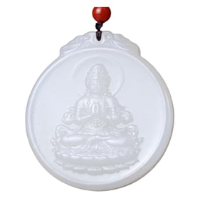 Chinese Natural White Hetian Jade Low Relief Kwan-yin Pendant w Certificate
