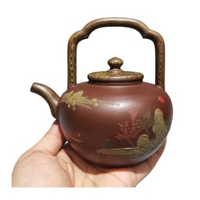 Antique Chinese Yixing Zisha Mountain River Scene & Figure Design Handle Teapot