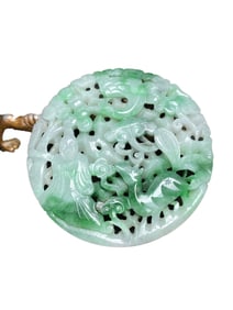 Openwork Jadeite Carved Deer & Crane & Figure Pendant