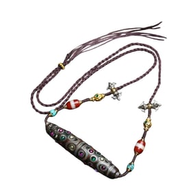 Old Tibetan 36 Eye DZI Agate Silver Wires Inlay Gems Lucky Pendant w Hand Woven Necklace